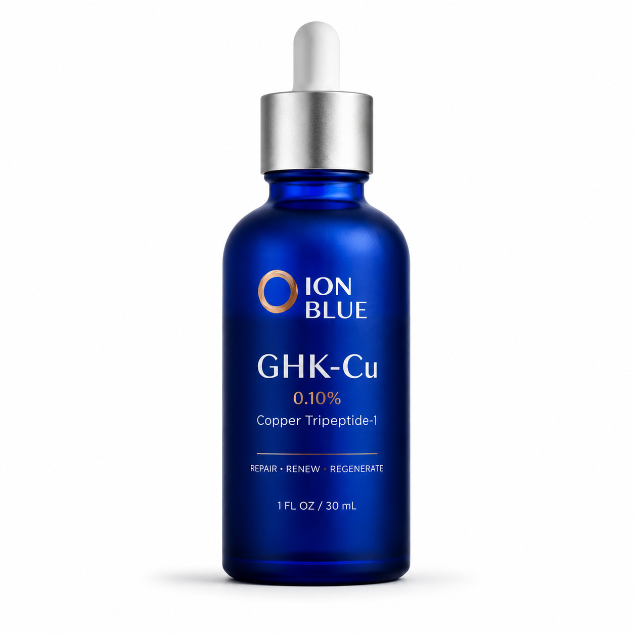 ION BLUE GHK-Cu serum bottle alone with a minimalist backdrop.