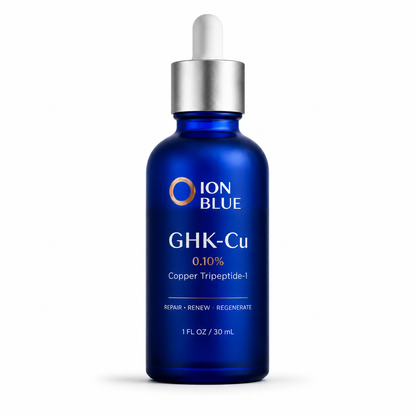ION BLUE GHK-Cu serum bottle alone with a minimalist backdrop.